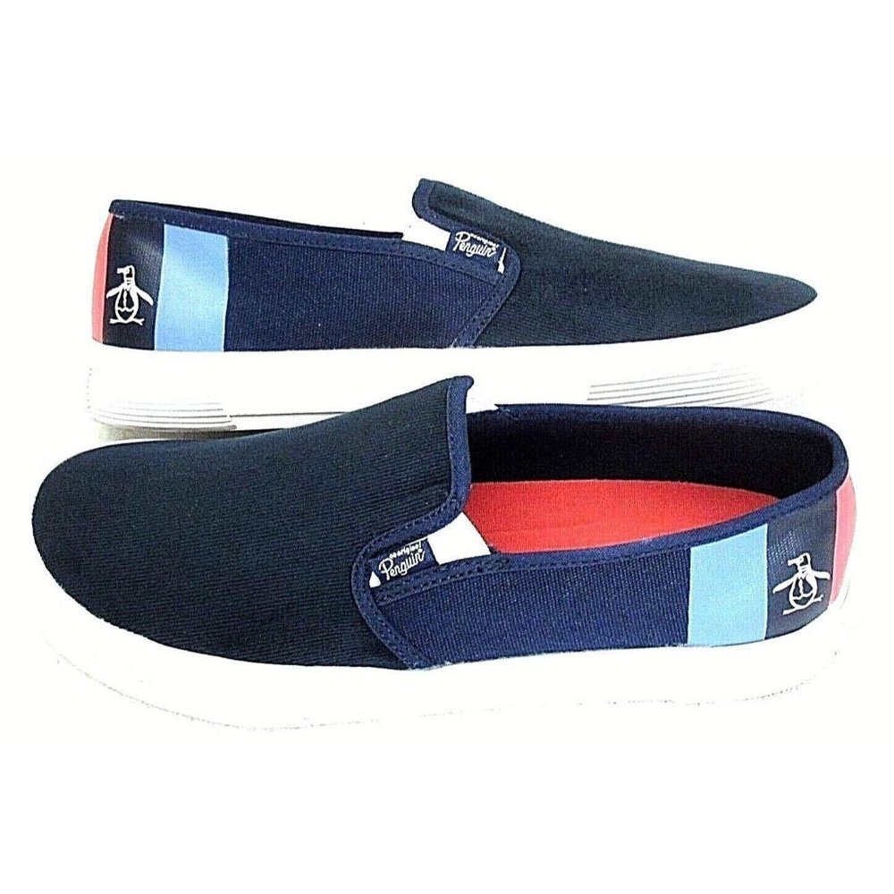 Original Penguin Men's Sam Stripe Slip On Canvas Shoes Navy Blue White NIB